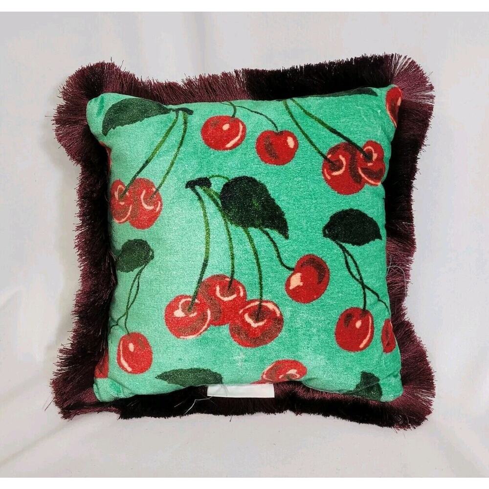 Anthropologie Maeve Le Petit Cherry Velvet Brush Fringe 10" Decorative Pillow - Picture 2 of 10